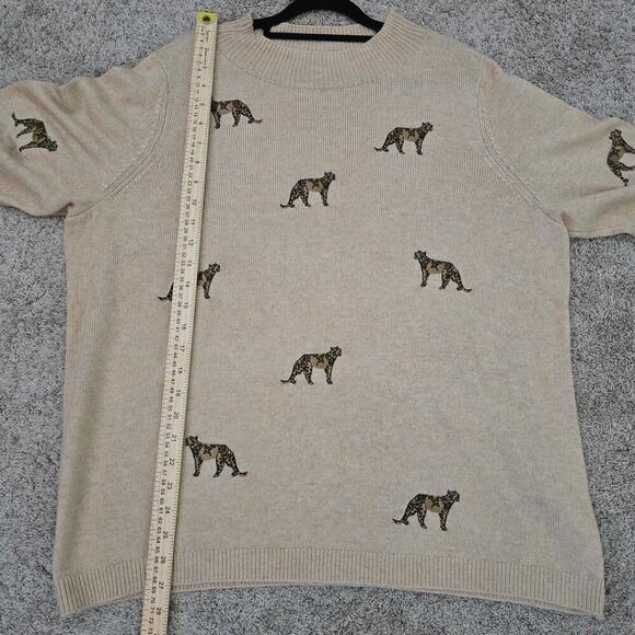 Chico’s 3 XL Beige Embroidered Cheetah Sweater Crewneck CozyLayering AnimalPrint - Picture 5 of 7